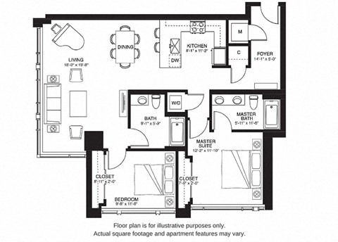 Floor plan for 2 beds, 2 baths, 1242 sqft